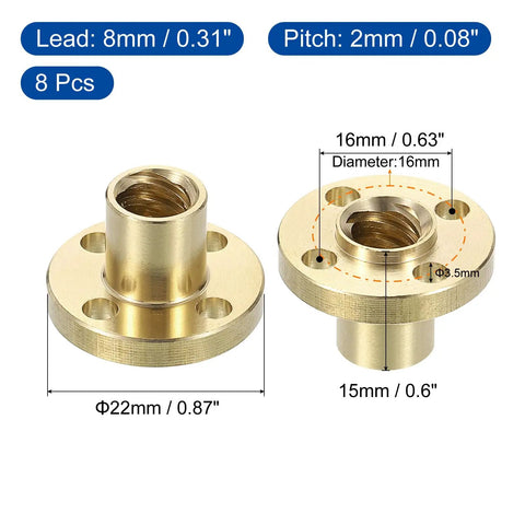 8 Pcs TR8x8 Brass Lead Screw Nut Set With Trapezoidal Acme Thread 2mm Pitch 4 Start 8mm Lead For 3D Printers And CNC Projects
