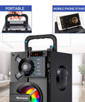 Outdoor Party Ready Portable Bluetooth Speaker With Subwoofer And Deep Bass, 11W Three-Driver System with handle and phone stand.