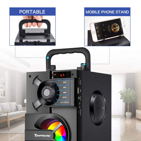Outdoor Party Ready Portable Bluetooth Speaker With Subwoofer And Deep Bass, 11W Three-Driver System with handle and phone stand.