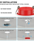 24 Pack 6 Inch Led Recessed Can Lights Sporting A Rock Solid Two Hour Fire Seal And Smooth Baffle Trim For Zero Glare Illumination Selectable 2700K Through 5000K Warm To Daylight Dimmable Downlights Ic Wet Rated Etl Approved installation guide showing steps for mounting a fixture.