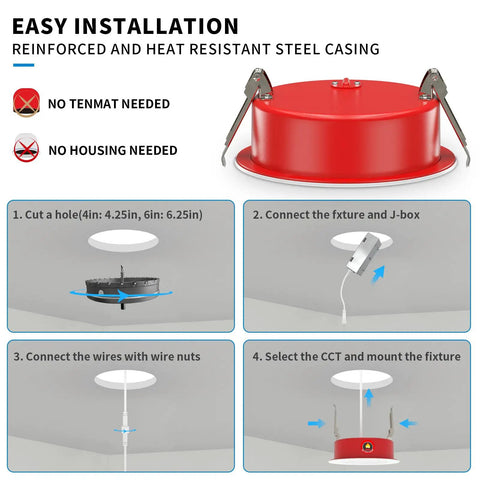 Installation guide for 24 Pack 6 Inch Fire Rated LED Recessed Downlights 2 Hour Protection Adjustable Kelvin Dimmable Wafer Lights.
