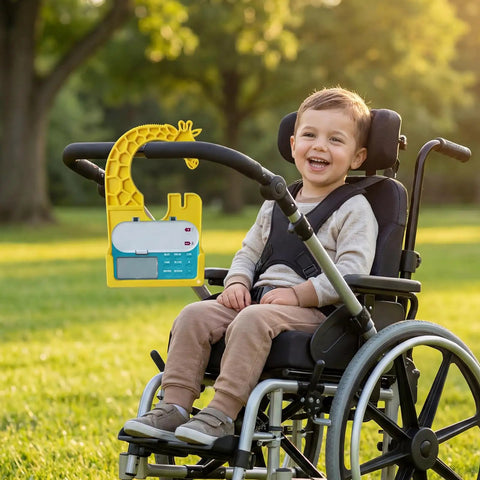 Feeding Pump Organizer For Infinity With One Click Tool Free Install Cute Giraffe Design Holder on stroller outdoors with child.