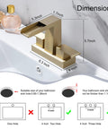 Diagram of 4 Inch Centerset Bathroom Waterfall Faucet With Two Handles For 3-Hole Lavatory Vanity, Brushed Gold Finish.