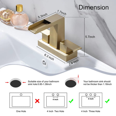 Diagram of 4 Inch Centerset Bathroom Waterfall Faucet With Two Handles For 3-Hole Lavatory Vanity, Brushed Gold Finish.