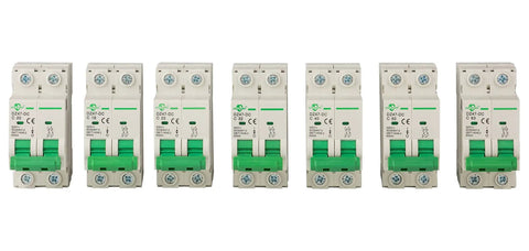 Front view of Go-To DC Miniature Circuit Breaker 2 Pole 32 Amp 250V to 500V DC Din Rail Mount With Thermal Magnetic Trip DZ47-63 C32 2P