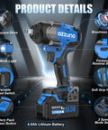 Built Damn Tough Brushless Cordless Impact Wrench 1000Nm Heavy Duty Power Half Inch Drive Kit with LED, 4Ah battery, and grip details.