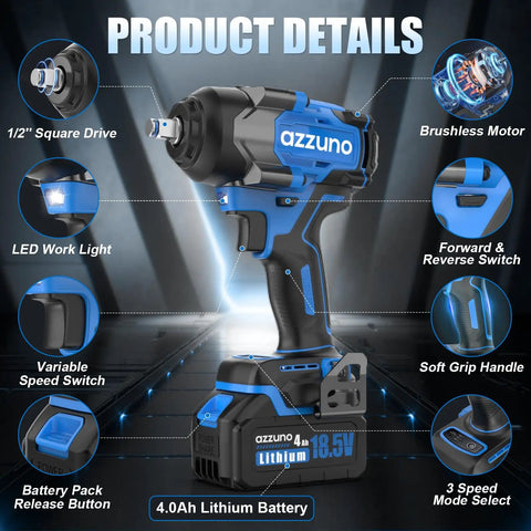 Built Damn Tough Brushless Cordless Impact Wrench 1000Nm Heavy Duty Power Half Inch Drive Kit with LED, 4Ah battery, and grip details.