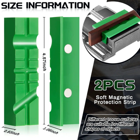 Two soft magnetic protection strips for drill press vise, sizes 4.57 x 1.06 x 0.63 inches, enhances gripping performance.