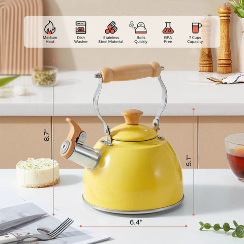 Yellow 1.6 Quart Tea Kettle With Cool Touch Wooden Handle Food Grade Stainless Steel Stovetop Teapot Whistling Kettle For Easy Pour Ergonomic Grip Safe Heat Resistant Kitchen Accessory
