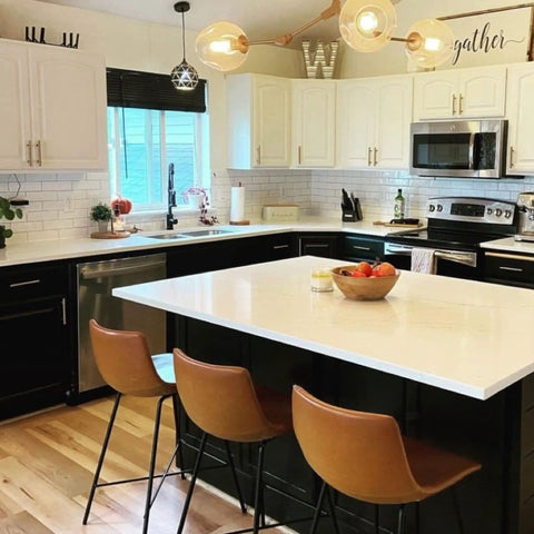 Modern kitchen with contrasting cabinetry refinished using All In One Refinishing Paint For Furniture Cabinets And More Gallon Licorice No Stripping No Sanding No Priming Needed Quick Application And Rich Durable Finish For Dyi Makeovers, with elegant countertops and lighting.