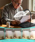 Elderly man using Hand Free Magnifying Glass With Light On Stand, 50 Ultra Bright LEDs, Large 9x6 Inch Magnifier for reading.