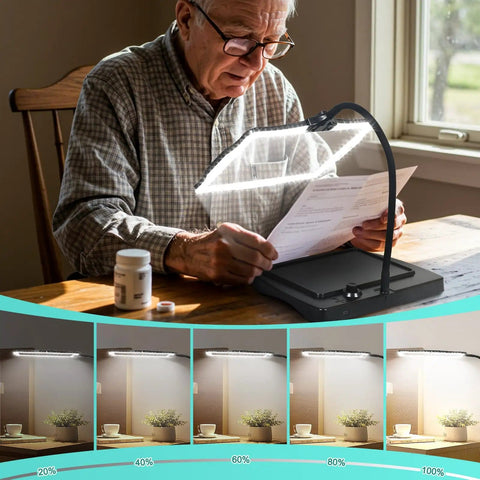 Elderly man using Hand Free Magnifying Glass With Light On Stand, 50 Ultra Bright LEDs, Large 9x6 Inch Magnifier for reading.