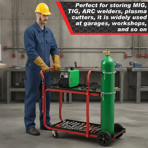 Heavy Duty Two Tier Welder Cart For TIG Arc MMA Plasma Cutters Up To 440 Lbs, black and red with tank safety chains, in use.