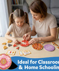 Mother and child using Hands On Magnetic Fraction Tiles And Circles Set With Bars For Montessori Math Manipulatives at home table.