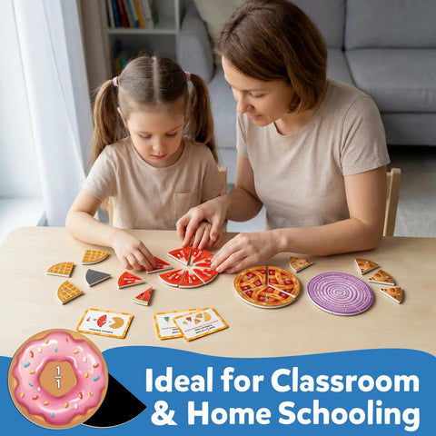 Mother and child using Hands On Magnetic Fraction Tiles And Circles Set With Bars For Montessori Math Manipulatives at home table.