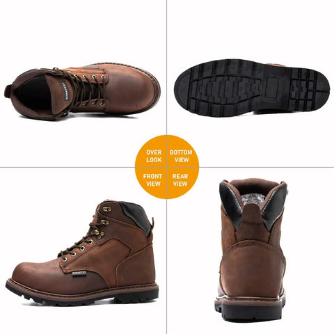 Mens Work Boots With Crazy Horse Leather Goodyear Construction Steel Toe Waterproof Non Slip Warmth Tough Work Shoes For Rough Terrain Brown Size 13 All Day Comfort, front, rear, top, sole views