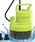 Portable 1/4 HP Submersible Sump Pump 1500 GPH Utility Water Pump With 164 Foot Power Cord And Adapters shown in water with fittings