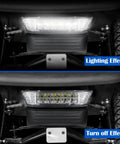 LED Headlights With Heavy Duty Bumper Kit For Club Car Precedent 2004 Up, showing lighting and off effects on the cart.