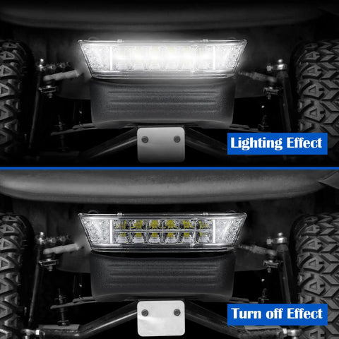 LED Headlights With Heavy Duty Bumper Kit For Club Car Precedent 2004 Up, showing lighting and off effects on the cart.