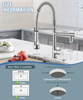 Spring Kitchen Sink Faucet With Pull Down Sprayer, Contemporary Stainless Steel, Single Handle, Brushed Nickel Finish, LED Temperature Indicator, Dual Spouts, High Arc, No Fuss Install, Water Saving shown with size dimensions in a modern kitchen.