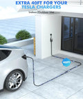 Dead Simple EV Charger Extension Cable 50 Amp 40 FT 240V 12KW NACS Plug connecting to Tesla in outdoor setting.