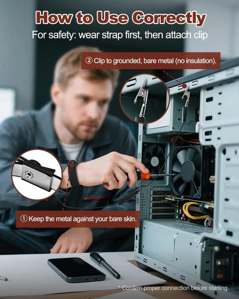 Man using ESD Safe Anti Static Wrist Strap with Alligator Clip during PC building, demonstrating proper grounding for static protection.