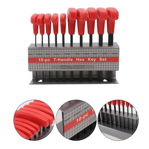 Heavy Duty T Handle Hex Wrench With Bracket Extra Long Inner Steel Allen Keys For Machine And Vehicle Repair Plus Enhanced Torque Reach Tool Kit Legit Pick For Mechanics Who Want Real Grip When Chasing Tough Spots And Daily Grind. 10-pc metric T-handle hex key set in red holder, 2-10mm