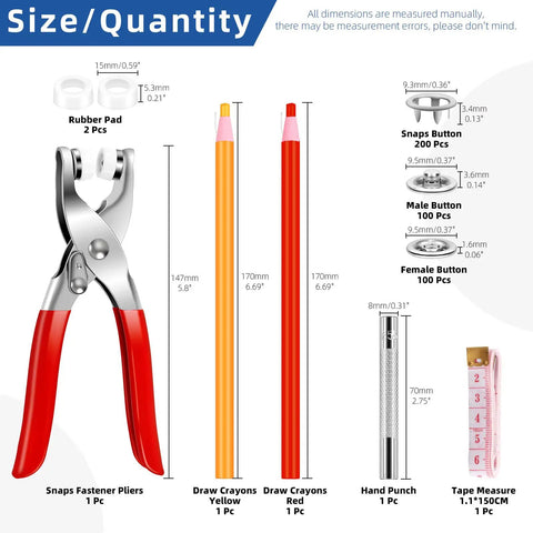 Comprehensive 407 Piece Metal Snap Button Kit featuring press pliers, rubber pads, and tools for wardrobe fixes and sewing crafts.