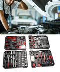 Mechanic using Versatile Professional Repair Tool Kit With Vanadium Steel Complete Set featuring sockets, bits, pliers, wrenches.