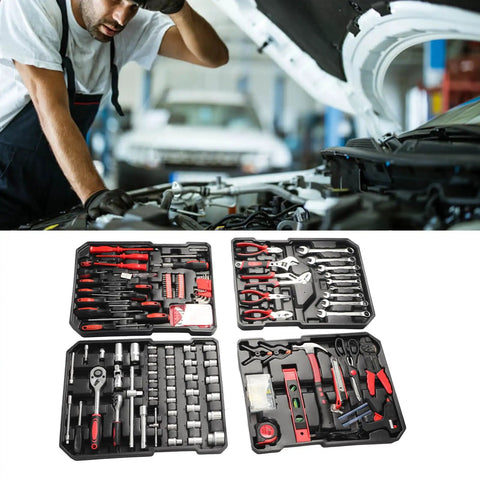 Mechanic using Versatile Professional Repair Tool Kit With Vanadium Steel Complete Set featuring sockets, bits, pliers, wrenches.