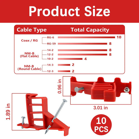 10 Pack Multi Cable Staples With Steel Nails, Non Metallic Push In Install Fix Hold Power Cords Wires Easy Secure No Drill Necessary Durable Recycled Plastic Home Organization Fast Setup Awesome For Cords Management showing size chart.