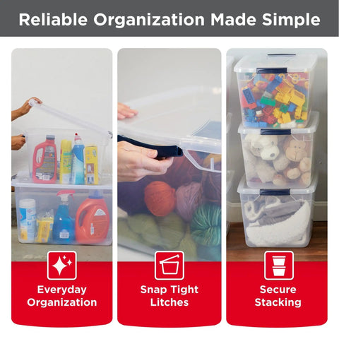 Clear 32 Qt Stackable Storage Bins With Lids 6 Pack For Closet And Laundry Organization Durable Plastic Containers With Recessed Handles And Lay Flat Latches Great For Home Storage And Easy Stacking, showcasing storage solutions with various contents.