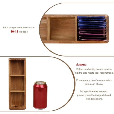 Image of Three Compartment Wooden Tea Bag Box With Handle Acacia Wood Caddy alongside a soda can for size comparison.