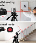 Self Leveling Laser Level Kit For Picture Hanging And DIY Projects, 50 Feet Range, 360 Degree Cross Line With Magnetic Base, Horizontal And Vertical Plumb Lines, Includes Pouch And Battery, showing self-leveling and manual modes