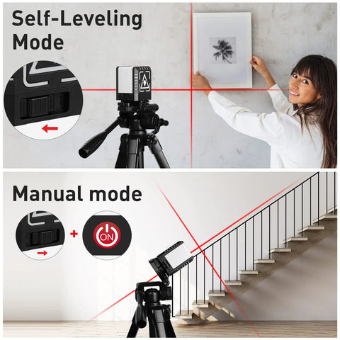 Self Leveling Laser Level Kit For Picture Hanging And DIY Projects, 50 Feet Range, 360 Degree Cross Line With Magnetic Base, Horizontal And Vertical Plumb Lines, Includes Pouch And Battery, showing self-leveling and manual modes