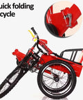 Folding Three Wheel Tricycle With Rear Passenger Seat And Backrest, Tandem Rickshaw Style Pedals, foldable steel frame latch
