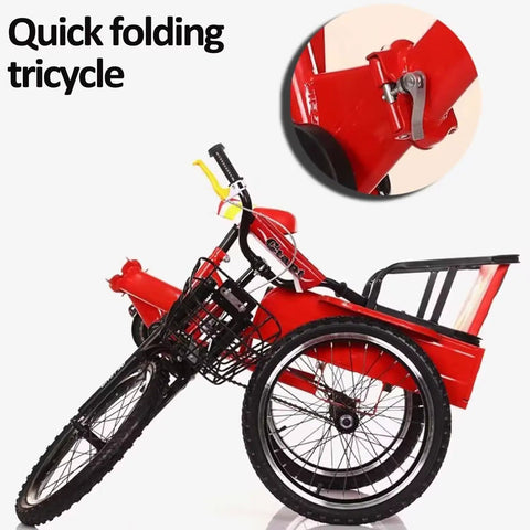 Folding Three Wheel Tricycle With Rear Passenger Seat And Backrest, Tandem Rickshaw Style Pedals, foldable steel frame latch