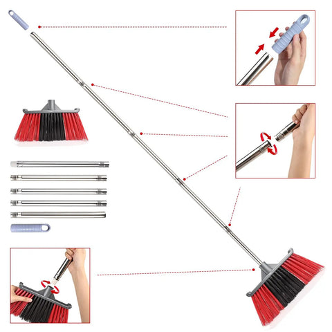 Heavy Duty Long Handle Outdoor Broom 62 Inch For Tough Yard Work And Garage Cleanup Hard Bristle Sweep Brush showing adjustable handle and bristles.