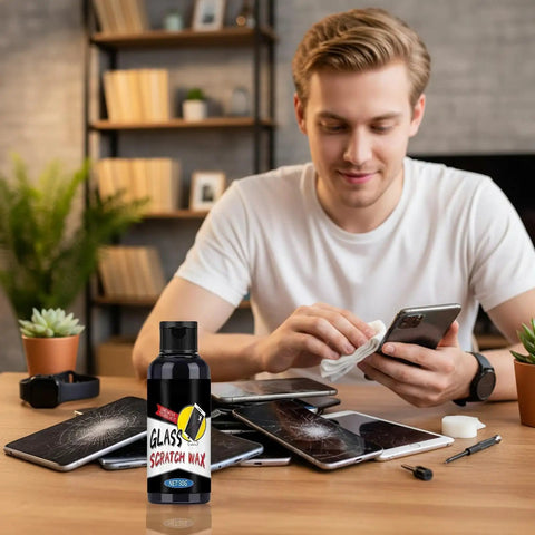Man using Phone Screen Repair Liquid And Glass Repair Kit For Beginners And DIY Tech Enthusiasts Hobbyists to fix device scratches.