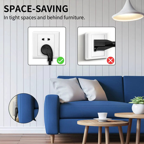 Space Saving Flat Plug Extension Cord One Foot With 90 Degree Grounded Plug Three Prong Short Flat Wall Cable behind sofa