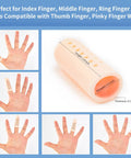 Gel Finger Cots Sixteen Piece Set Silicone Finger Protectors breathable fingertip covers in various hand placements and sizes.