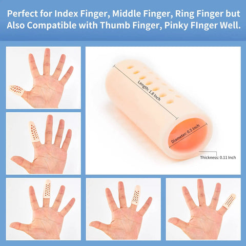 Gel Finger Cots Sixteen Piece Set Silicone Finger Protectors breathable fingertip covers in various hand placements and sizes.