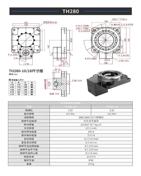 TH280 Electric Turntable Rotary Actuator technical drawing with specifications and dimensions, showcasing a robust design.