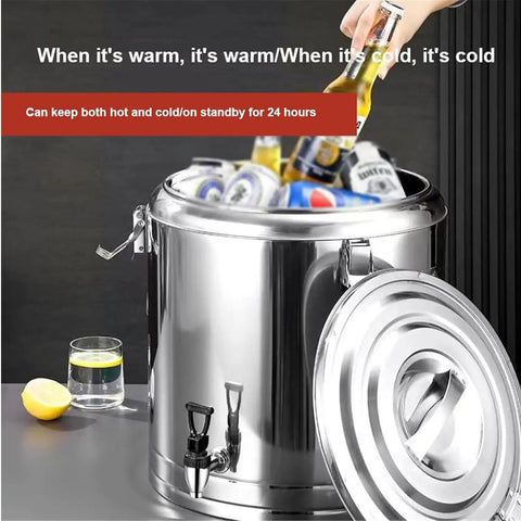 Hella Durable Double Wall Insulated Beverage Dispenser Keeps Your Drink Hella Hot Or Cold All Day Long Spill Free Pouring Handle filled with drinks.