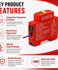 Key features of 10 Pack Temp Triggered Fire Extinguishers Dual Din Rail Mount Heat Aerosol Auto Flame Suppressors, highlighting activation and design.
