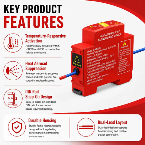 Key features of 10 Pack Temp Triggered Fire Extinguishers Dual Din Rail Mount Heat Aerosol Auto Flame Suppressors, highlighting activation and design.