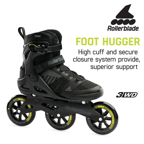 Macroblade 110 3WD Mens Go-To Fitness Inline Skate With Black And Lime Colorway, High Cuff Support, Aluminum Buckle, Size 9.5