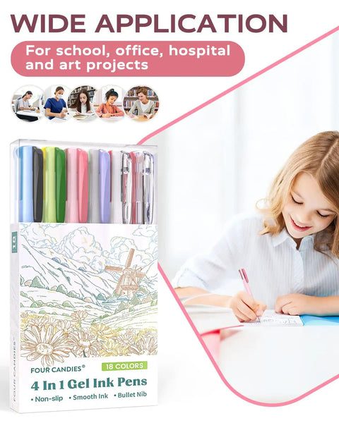 All In One 4 In 1 Multicolor Pens Set With 18 Colors Six Pack For Note Taking Coloring Organizing And Office Or School Use Press To Switch Colors On The Fly And Enjoy Smooth Writing With Vivid Ink. 4-in-1 gel ink pens box set for school and office use