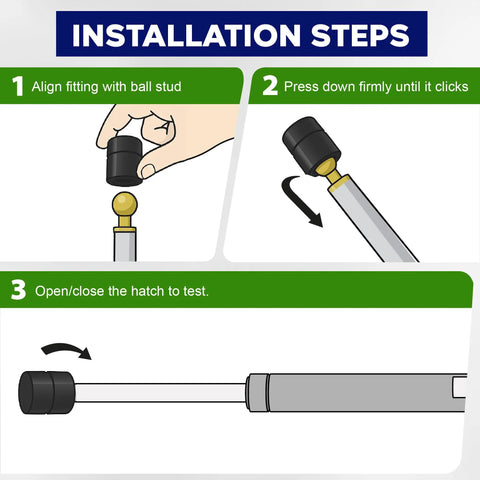 Quick Release Gas Strut End Fittings For 10mm Ball Stud No Tools Needed Replacement End Fitting For Socket Gas Springs Easy Disconnect And Reconnect Extends Gas Spring Life 2 Pack installation steps diagram