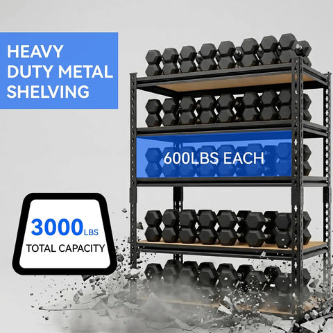 5 Tier Beefy Heavy Duty Metal Storage Shelving Rack With Adjustable Shelves, 3000 lb total capacity, 60 in high